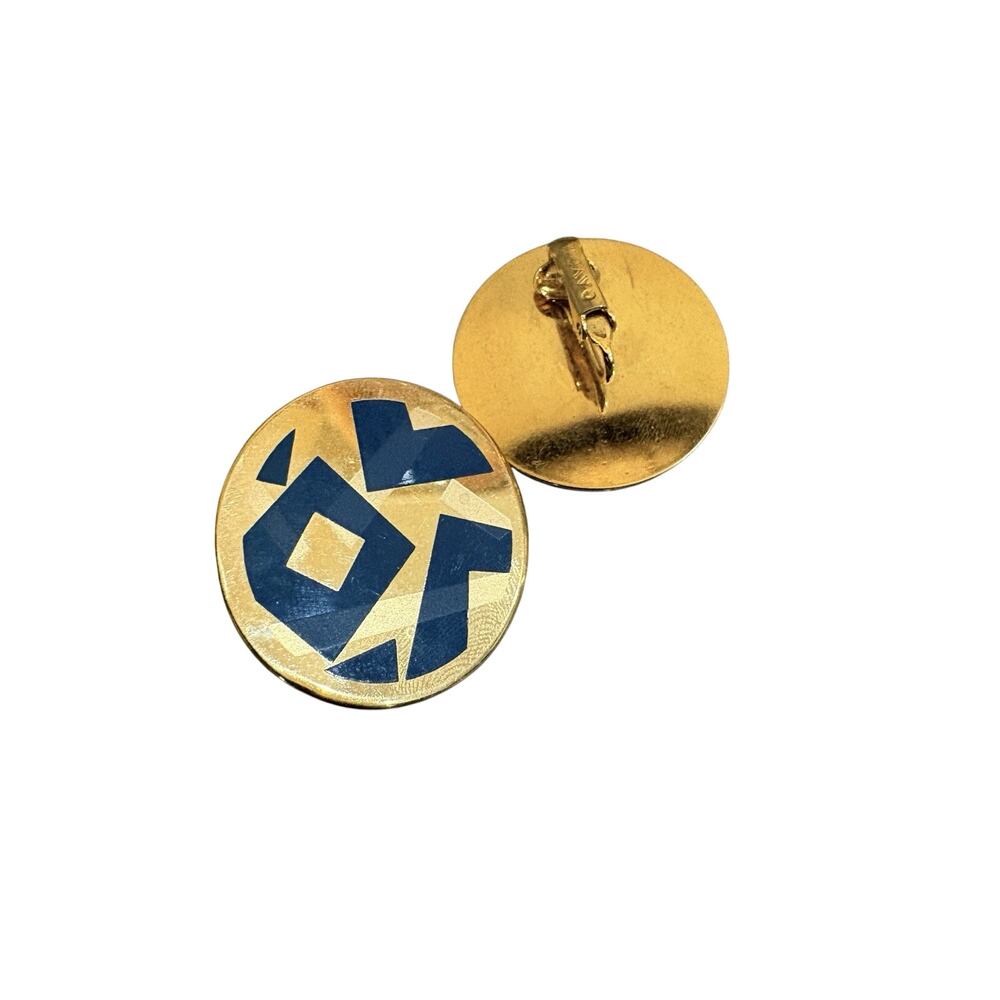Vintage 1980's Avon Round Gold Tone Metal Abstract Blue Enamel Clip Earrings - Picture 3 of 6